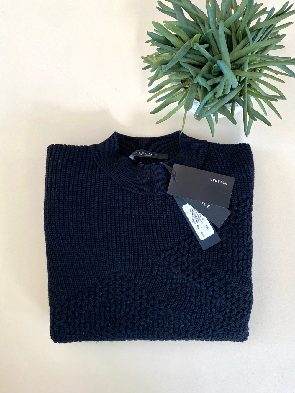 VERSACE - Men’s Black Textured Knit Crewneck Sweater